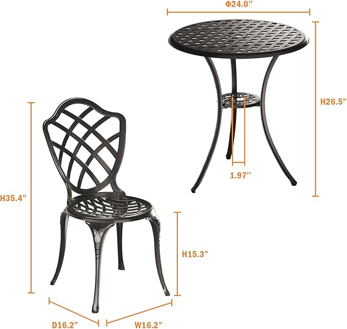 3 Piece Patio Bistro Set, Outdoor Bistro Table and Chairs Set of 2 w/Umbrella Hole, Rust-Resistant Cast Aluminum Bistro Set for Garden/Balcony/Backyard, Black