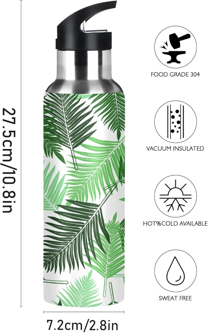 Qilmy Black and White Leopard Water Bottle Vacuum Insulated Stainless Steel Water Bottles with Straw Lid Leakproof Wide Mouth Water Flask for Fitness Outdoor Sports, 20 oz