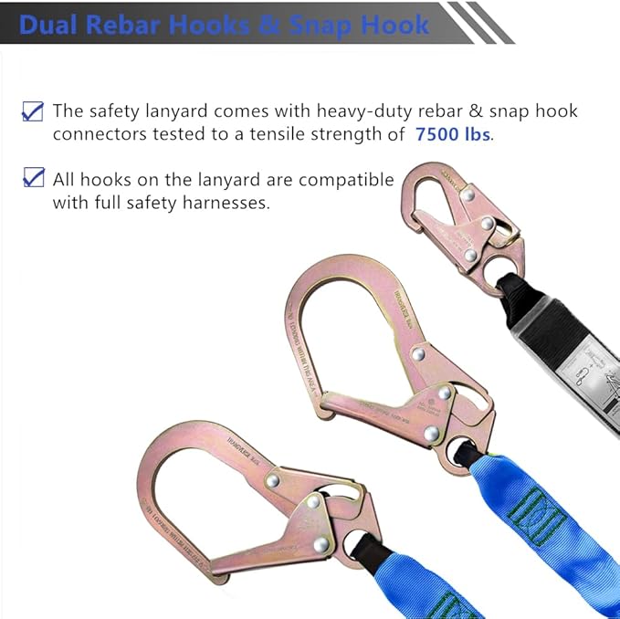6FT Double Leg Internal Shock Absorbing Safety Fall Protection Lanyard with Dual Rebar & Snap Hook |Heavy-Duty Webbing | Roofer, | OSHA & ANSI Rated (AZ369-B-Shock Absorbing-Blue)