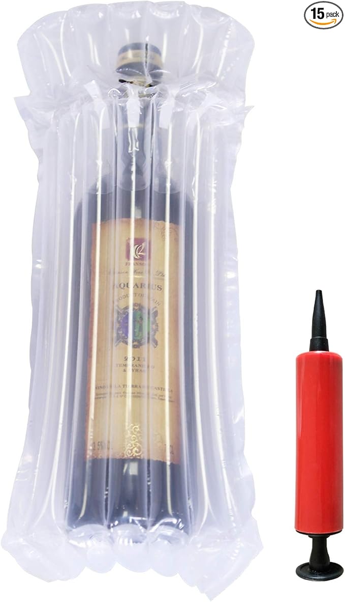 STNTUS INNOVATIONS Wine Bottle Protector, 15 Pack Bubble Cushion Wrap Sleeves for Luggage, Airplane Travel, Transport, Safety Shipping, Inflatable Air Filled Packaging Bags with Pump.