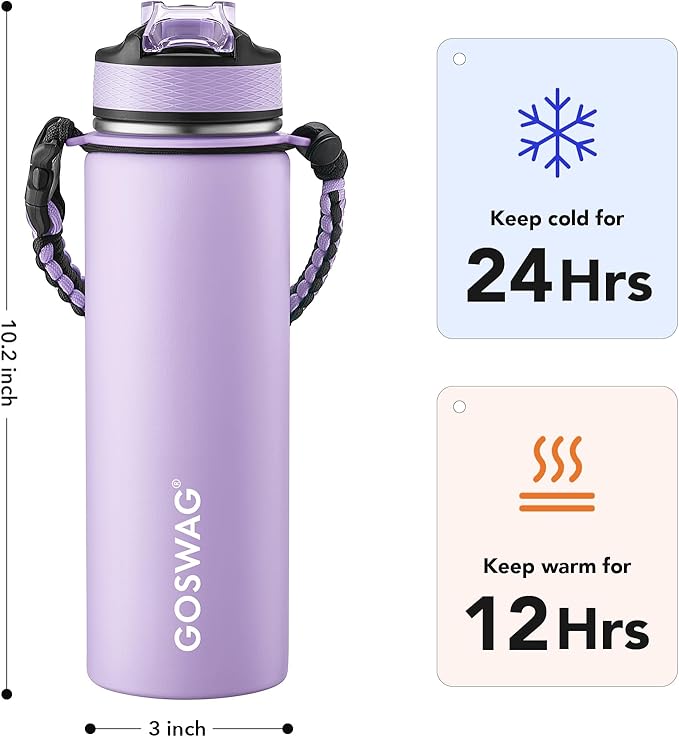GOSWAG Insulated Sports Water Bottle, 24oz 2 Lids(with Straw/No Straw), Stainless Steel Water Bottles with Paracord Handle, Insulated Thermos with Double-Wall Vacuum Insulation
