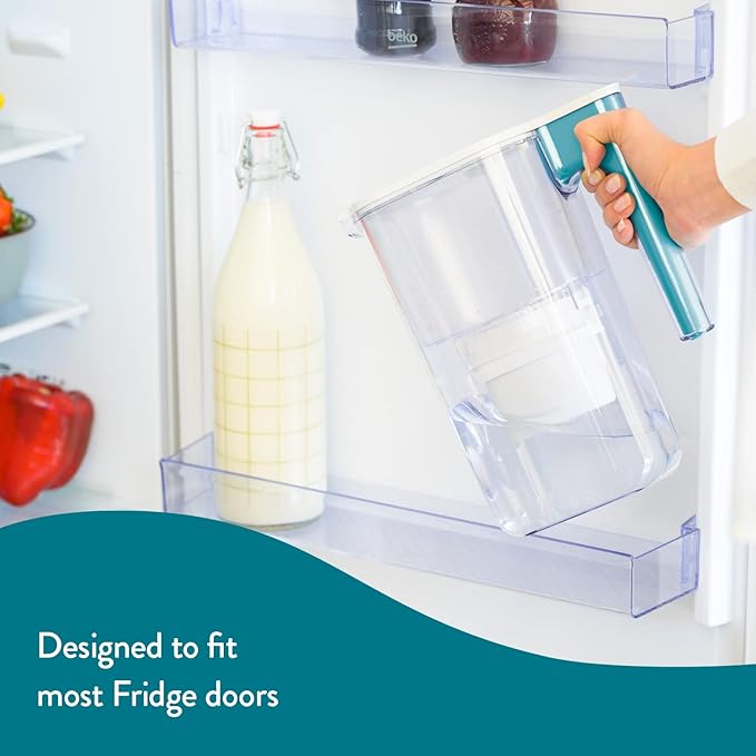 Perfect Pour Large 10 Cup Water Filter Pitcher by Aqua Optima, Reduces Microplastics, Ergonomic, Eliminates Splashes and Spills, BPA Free, NSF Certified, Includes 3 Evolve+ Water Filters, Blue