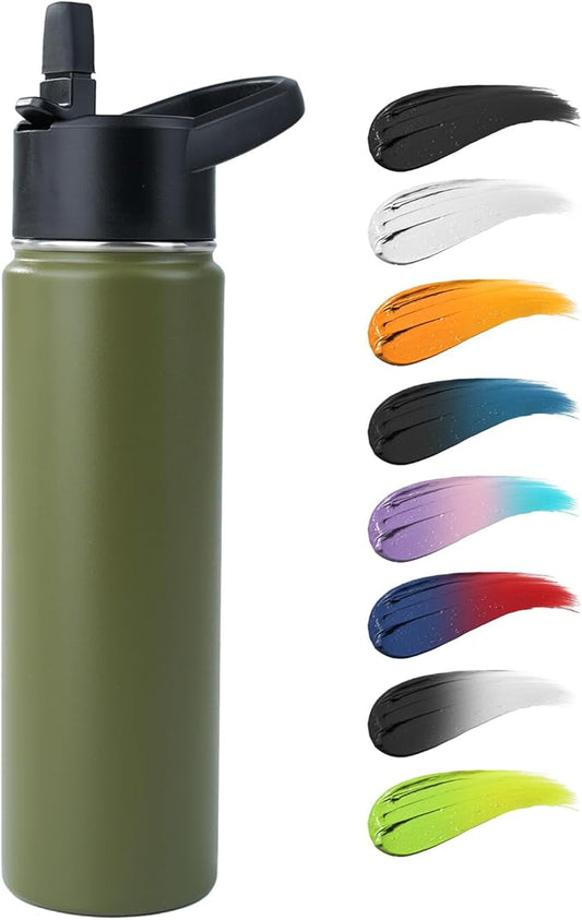 Stainless Steel Water bottle with Straw & Wide Mouth Lid, Wide Rotating Handle, 24oz Double Wall Vacuum Insulated Water Bottle Leak Proof, BPA Free, Keep Cold and Hot, 24oz, Army Green