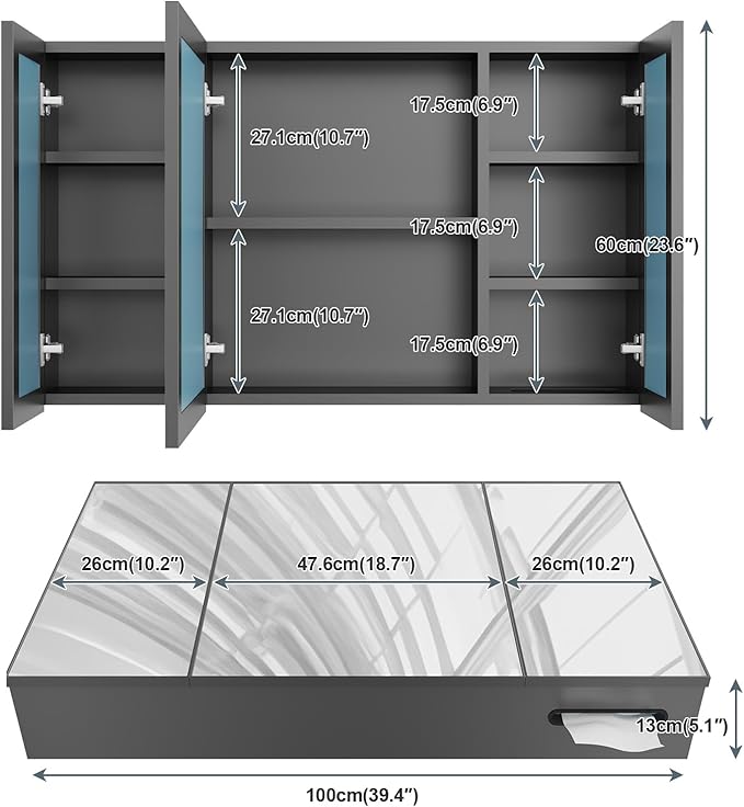 23.6 x 39.4 inch Bathroom Medicine Cabinet with Mirror, Black Metal Framed Mirror Medicine Cabinet with Storage, Pre-Assemble Medicine Cabinets for Bathroom, Recessed or Surface Mount