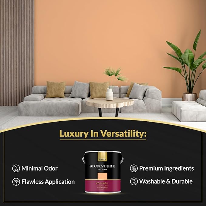 EVOLVE Signature Paint & Primer: Luxury Paint & Primer for Indoor & Outdoor Surfaces, Minimal Odor, Eggshell Sheen (Milky Orange, 1 Gallon)