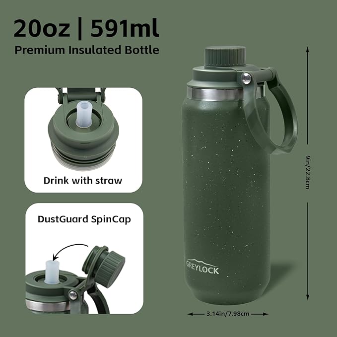 Greylock 20 oz Insulated Stainless Steel Water Bottle with Straw Lid- BPA-Free Leak Proof When Closed, Reusable Metal Water Bottle with Carry Handle for Travel Camping, 24 Hours Cold (Froestflicker)