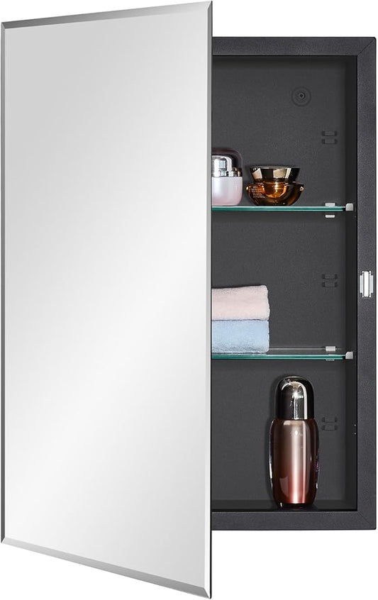 Black Bathroom Medicine Cabinet with Beveled Edge Mirrored Door 16 x 22 inch, Recessed or Surface Mount, with Adjustable Glass Shelves
