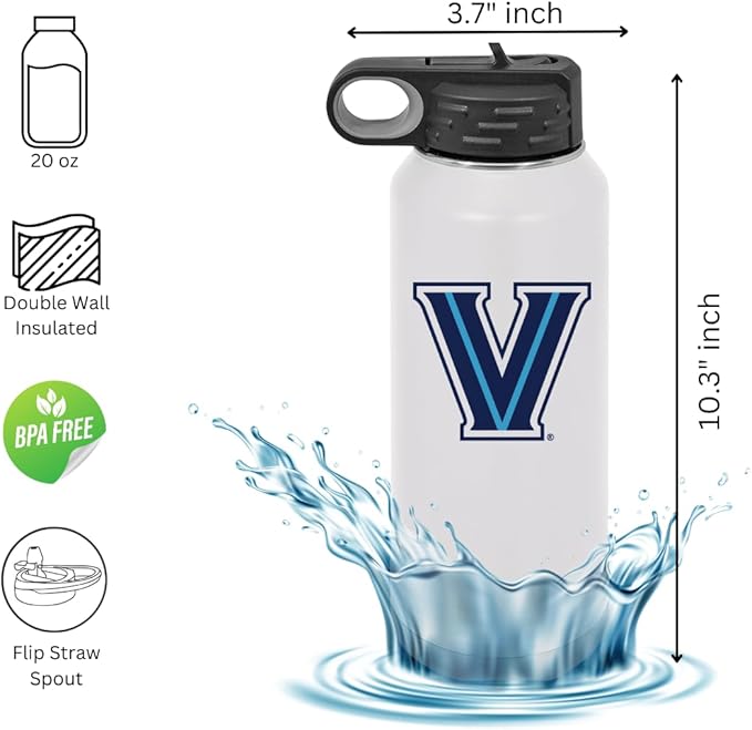 Villanova University Wildcats 32oz Stainless Steel Double Walled White Beverage Bottle with Flip Straw Spout - College Gear for Playoff Season – For Office, Home or Auto – Show your Wildcat Pride
