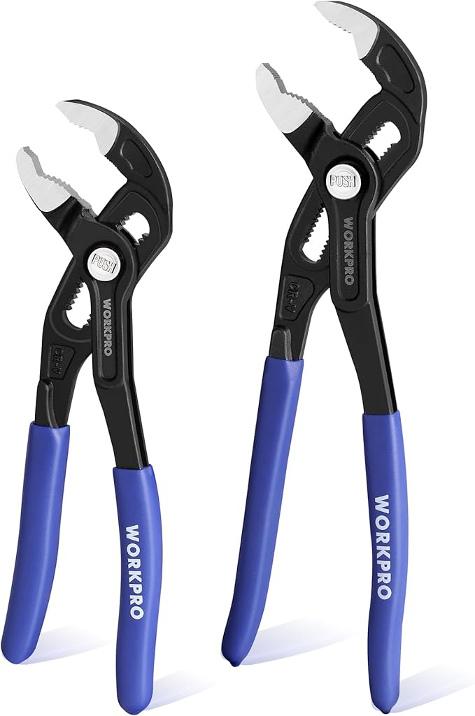 WORKPRO 7" & 10" Groove Joint Pliers Set, Upgraded Wide Opening Slip Joint Pliers Set, V-Jaw Quick Adjustable Plier, CR-V Steel, Dual Serrated, Water Pump Plier for Home & Industrial Repair, Soft Grip