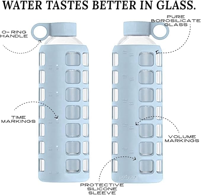 purifyou Premium 40/32 / 22/12 oz Glass Water Bottles with Volume & Times to Drink, Silicone Sleeve & Stainless Steel Lid Insert, Reusable Bottle for Fridge Water, Milk, Juice (32oz Ice Blue)