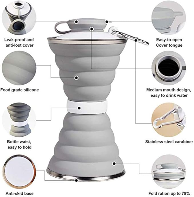 Collapsible Water Bottle, Camping Cup With Carabiner, Reuseable Silicone Foldable Leak Proof Portable Sports Travel Water Bottles For Outdoor, Travel Gym Hiking, BPA Free, Cycling Cups with Carabiner