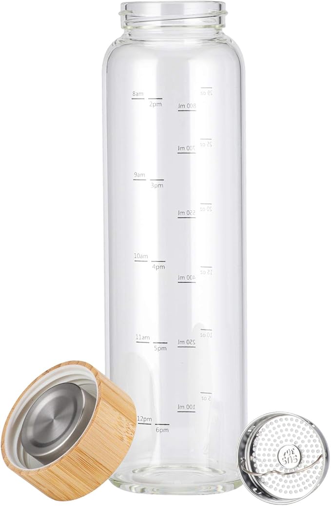 Glass Water Bottle 32 oz Wide Mouth with Sleeve Bamboo Lid Motivational Water Bottle With Time Marker Reusable Safe for Hot Cold Drinks Bpa Free (Navy Blue)