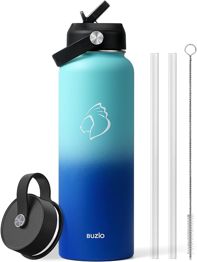 BUZIO Double Wall Stainless Steel Sports Wide Mouth Water Bottle, BPA-Free Flex Cap and Straw Lid, 40 Ounces & 32 Ounces Water Bottle, Sea Breeze