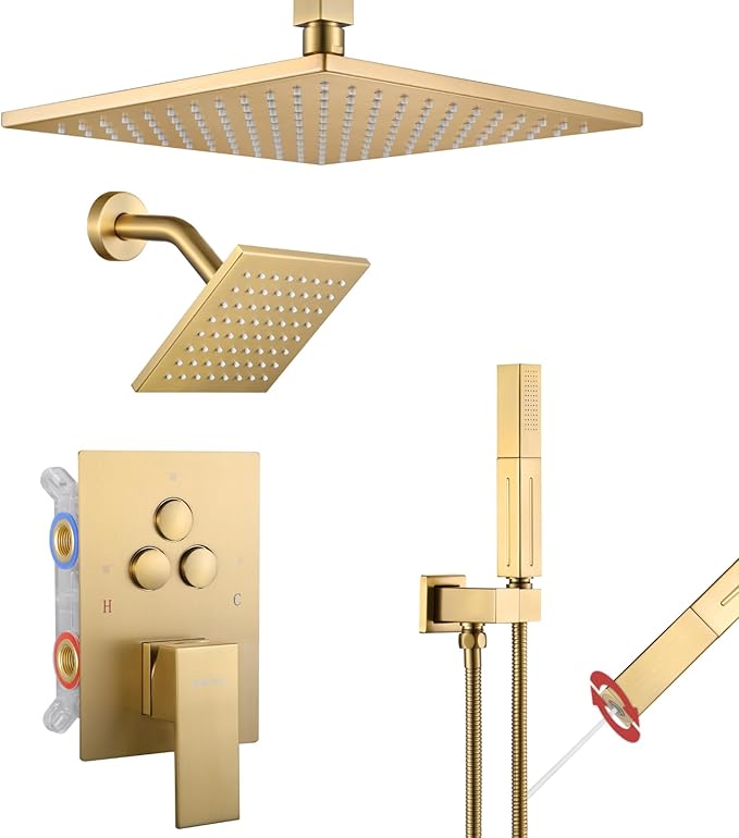 VANFOXLE Shower Faucet Set Brushed Gold Shower System,Push Button Diverter Shower Faucet with 2 in 1 Handheld,Ceiling Mount 10 Inch Shower Head with 6 Inch Wall Mount Shower Head