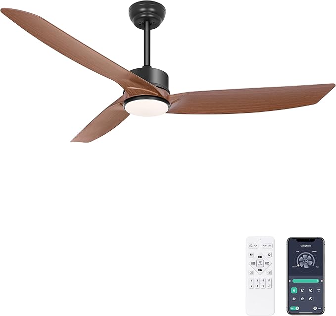 Ohniyou 56 Inch Ceiling Fan with Lights, Modern 3 Blades Ceiling Fan with Remote/APP Control Dimmable 3 CCT, Walnut Indoor Outdoor Ceiling Fan for Covered Patios Farmhouse Living Room