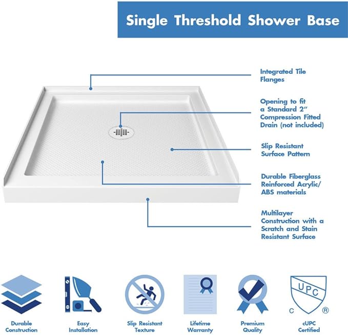 DreamLine SlimLine 32 in. D x 32 in. W x 2 3/4 in. H Center Drain Single Threshold Shower Base in White, DLT-1132320