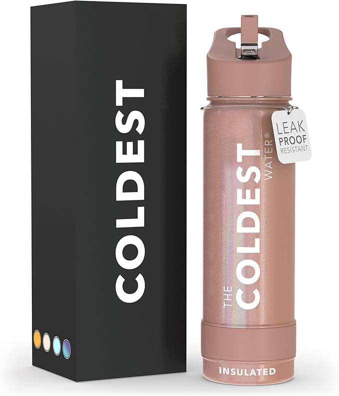 Coldest Sports Water Bottle with Straw Lid Vacuum Insulated Stainless Steel Metal Thermos Bottles Reusable Leak Proof Flask for Sports Gym (24 oz, Golden Rose Glitter)