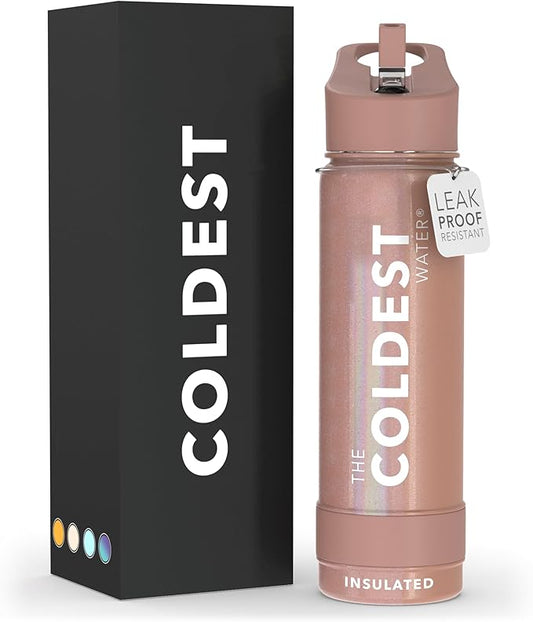 Coldest Sports Water Bottle with Straw Lid Vacuum Insulated Stainless Steel Metal Thermos Bottles Reusable Leak Proof Flask for Sports Gym (24 oz, Golden Rose Glitter)