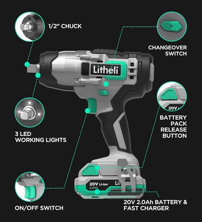 LiTHELi Impact Wrench Cordless, 1/2 inch Power Impact Wrenches, 20V Impact Gun Kit with 2.0Ah Li-ion Battery ＆ Fast Charger, Max Torque 320 ft-lbs