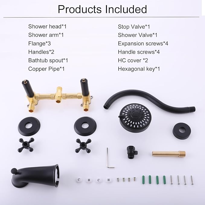 2 Handle Shower Faucet Set, Matte Black Two Handle Shower Faucet Set with Tub Spout 2 Knobs Tub and Shower Trim Kit Combo Set Wall Mounted Shower System Complete