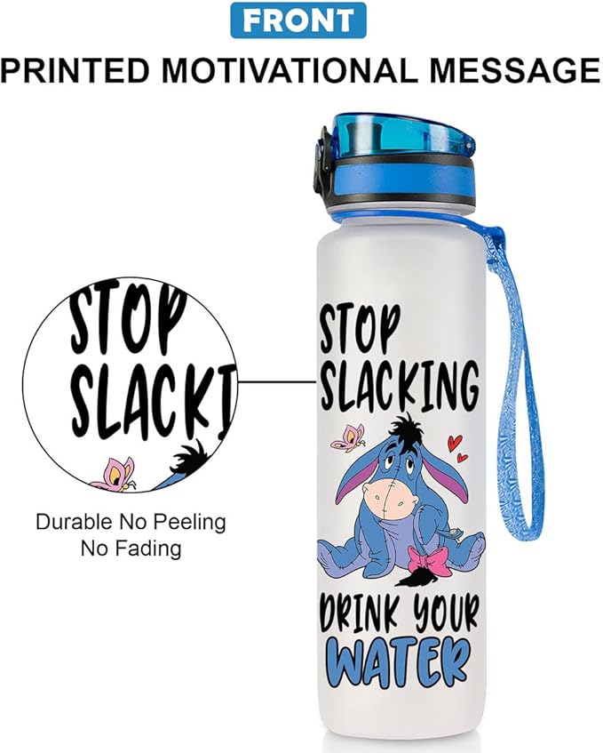 Stop Slacking Drink Your Water 32 Oz Water Track Bottle, Donkey Water Bottle With Time Marker, Movie Water Bottles, Motivational Insulated Water Bottle, Blue