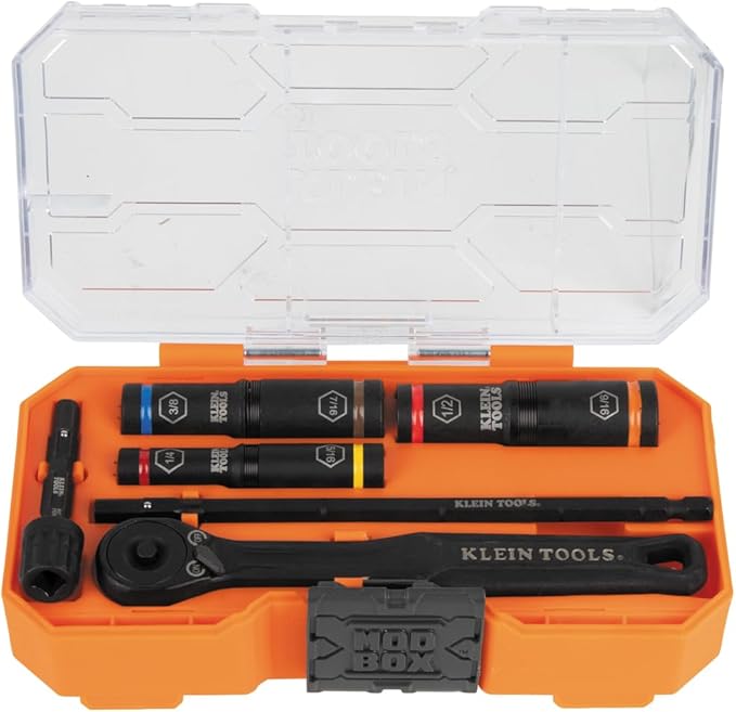 Klein Tools 65238 KNECT Impact Socket Set, Deep Sockets with Wrench, 3 Heavy-Duty Color Coded Flip Sockets, 6 SAE Sizes, Ratchet, Adapter and MODbox Case