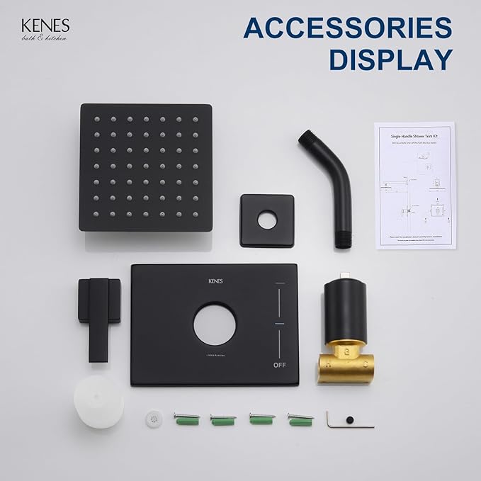 KENES Matte Black Shower Faucet, Shower Trim Kit with Single-Spray Stainless Black Rain Shower Head, Shower Trim Systems Wall Mount, KE-6025B-2 (Shower Valve Included)