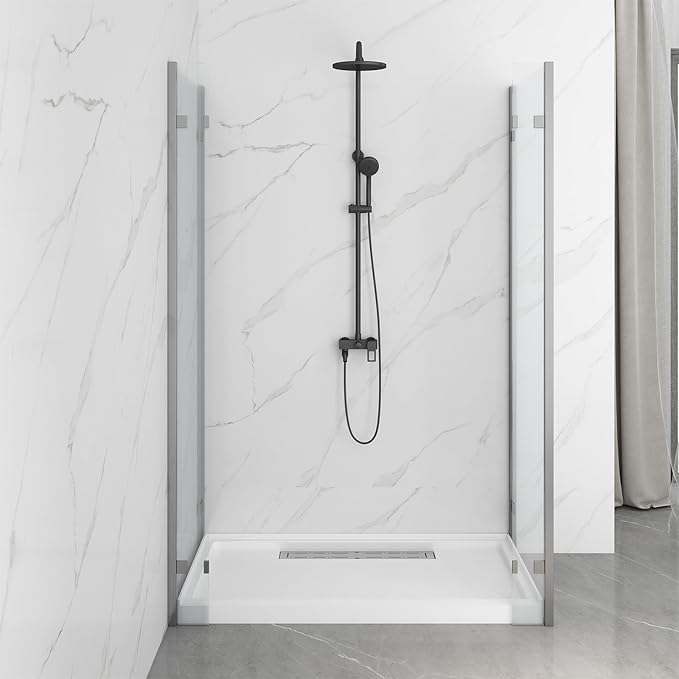 Acrylic Shower Base with Left or Right Drain, Single Threshold, Rectangular Shower Pan, Slip-Resistant Textured Surface,Includes Stainless Steel Chrome Trench Cover (white, 60"×32"×4")