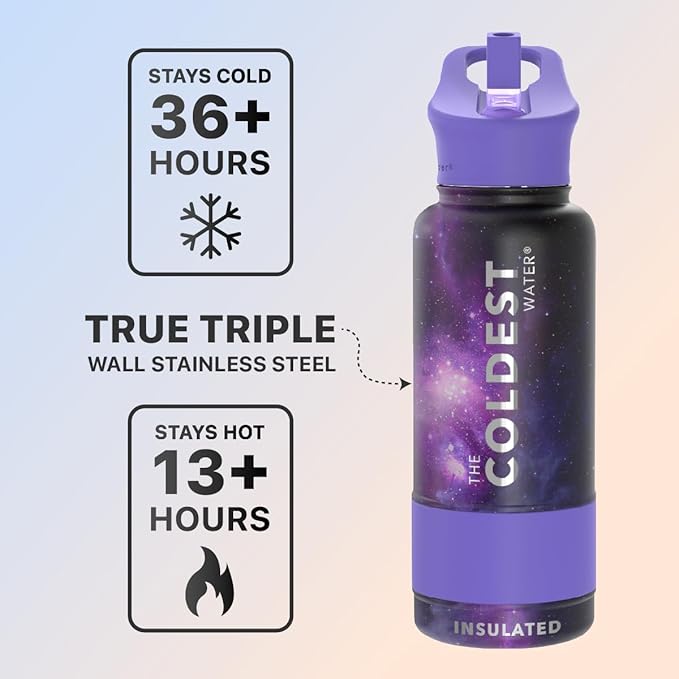 Coldest Sports Water Bottle with Straw Lid Vacuum Insulated Stainless Steel Metal Thermos Bottles Reusable Leak Proof Flask for Sports Gym(32 oz, Astro Purple)
