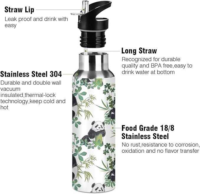 xigua 22 OZ Panda Bears Water Bottle with Straw, Sports Water Bottle BPA Free Stainless Steel Water Jugs for Gym, Kitchen, Working, Outdoor