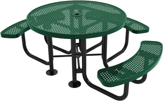 Heavy-Duty Portable Outdoor Picnic Table with Umbrella Hole, Punched Steel Patio Dining Furniture Made in America (46" Round Top, Textured Green)