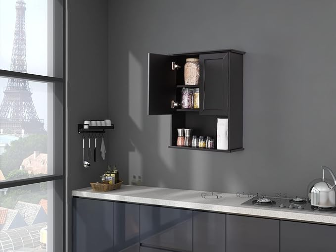 Black Bathroom Wall Cabinet 23x29 inch Wooden Bathroom Medicine Cabinet with 2 Doors and Adjustable Shelf, Wall Mounted Cabinet Over Toilet Storage Cabinet
