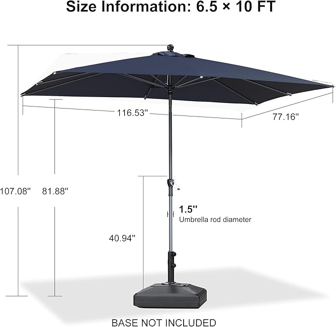 PURPLE LEAF 10' x 6.5' Rectangular Patio Umbrella Outdoor Table Umbrella Aluminum Frame Market Umbrella Sun Umbrella with 8 Sturdy Ribs Tilt for Garden Deck Lawn Pool Navy Blue