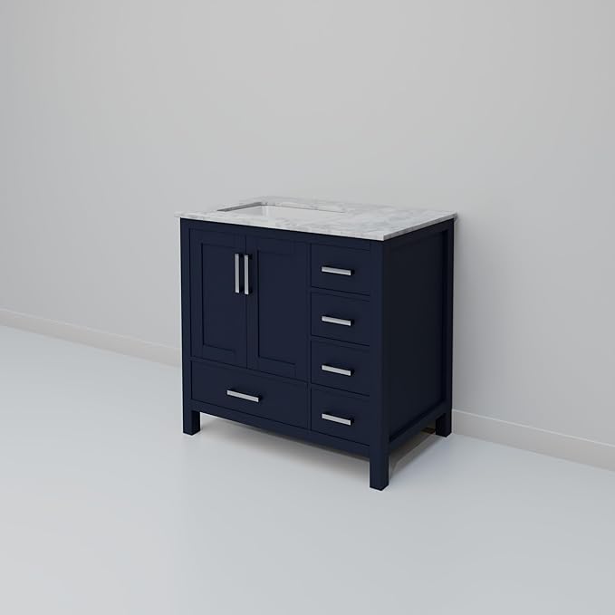 Big Sur 36 in. W x 22 in. D Left Offset Navy Blue Bath Vanity and Carrara Marble Top