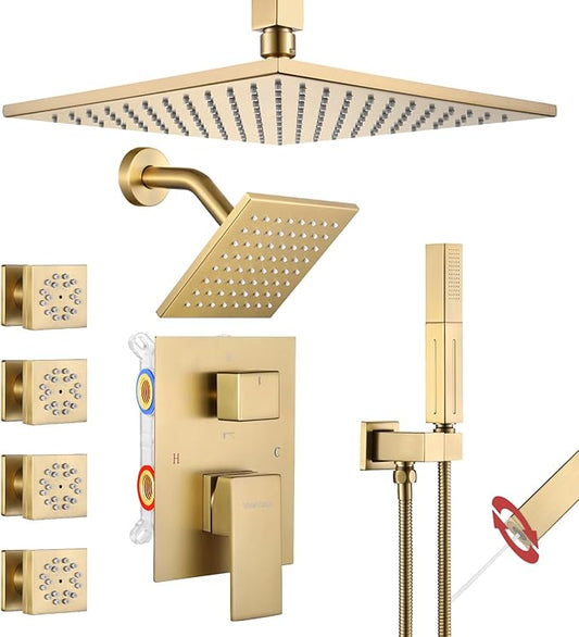 VANFOXLE Shower Faucet Set Brushed Gold Shower System,Four Modes Shower Faucet with 2 in 1 Handheld,Ceiling Mount 10 Inch Shower Head with 6 Inch Shower Head, 4 PCS Dual Modes Body Jets