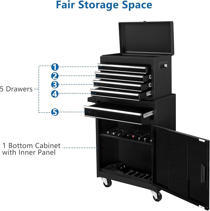 TUFFIOM 5-Drawer Rolling Tool Chest, Tool Storage Cabinet w/Drawers, Lockable Wheels, Detachable Top & Adjustable Shelf, Mechanic Tool Organizer Box for Garage, Workshop, Warehouse & Repair Shop