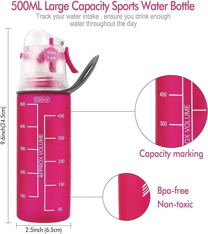 Misting Water Bottle, Spray Mist Sports Bottle for Outdoor Sport Hydration and Cooling Down, BPA-Free Misting Water Bottle with Unique Mist Lock Design (Red-18oz)