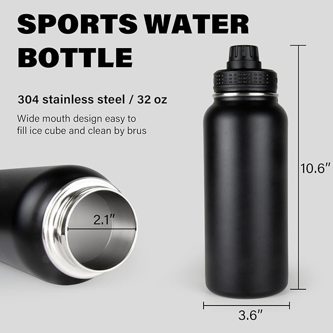 Magnetic Water Bottle with Phone Holder, 32oz Insulated Water Bottle Stainless Steel Travel Water Bottle for Gym, Hot 12H, Cold 24H (Black) (Black)