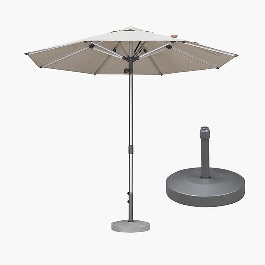 PURPLE LEAF 9 FT Semi-Auto Outdoor Patio Umbrella with Base Market Table Sun Umbrellas with 8 Aluminum Sturdy Ribs for Backyard Deck Garden Pool (Silver Pole Beige Canopy)
