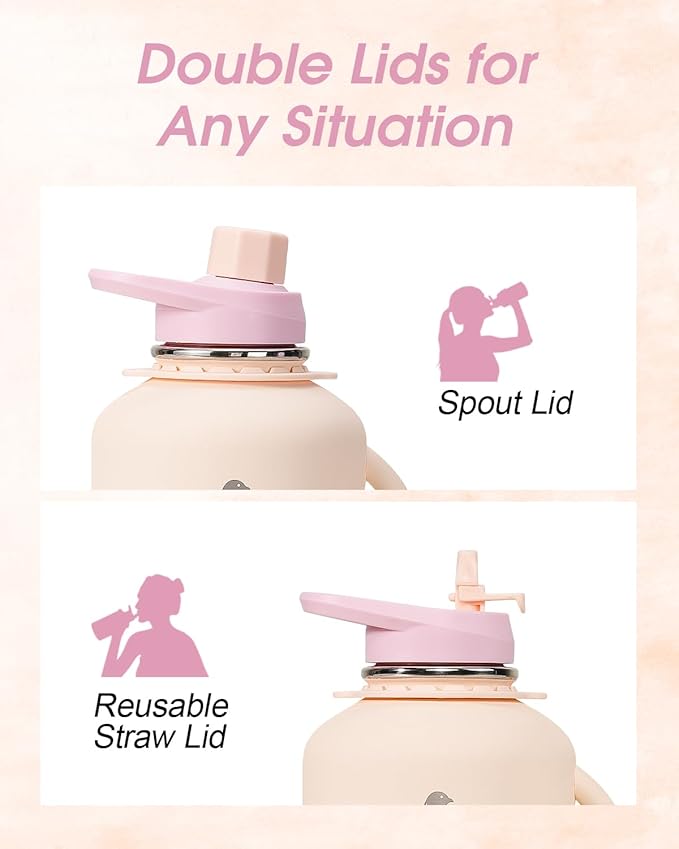 64oz Insulated Water Bottle, Coolflask Half Gallon Water Jug With Handle Straw Stainless Steel Double-Walled Vacuum Metal Large Flask With Strap Non-BPA Leakproof, Keep Cold 48 Hrs, Apricot Pink