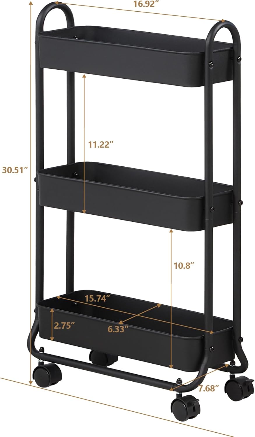 SunnyPoint Slim Rolling Storage Cart, 3 Tier Bathroom Storage Organizer Bathroom, Laundry Utility Cart (Black)