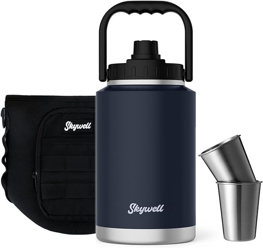 SkyWell 128 Oz Insulated Water Bottle Sleeve and Cup Kit Wide Mouth Water Flask Sweat-Proof and Leak-Proof 1 Gallon Stainless Steel Water Jug for Outdoors, Navy Kit