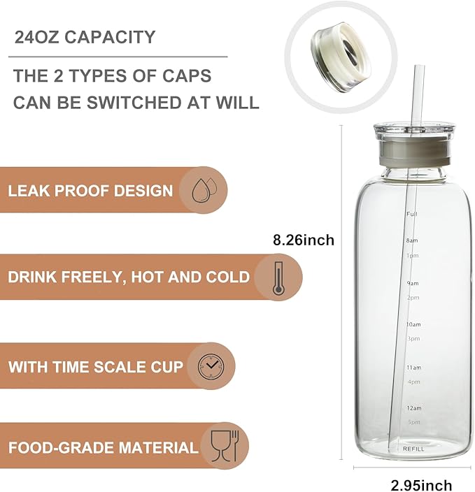Glass water bottle With Time Marker -24oz with 2 caps and straw,Reusable Glass Drinking Bottles，Suitable For Drinks, Juices, Sodas, Coke, As Gifts Etc (24oz)