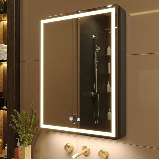 KWW LED Lighted Bathroom Medicine Cabinet with Sockets & USBs, Defogger, Dimmable, 3 Color Light Makeup Mirror, Easy to Install, Wall Mounted Cabinet (19.5 * 28)