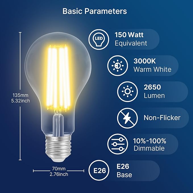FLSNT 150W Equivalent Dimmable A23 LED Light Bulbs, 2650Lumens, Efficient 18W, 3000K Warm White, E26 Base, 4 Pack