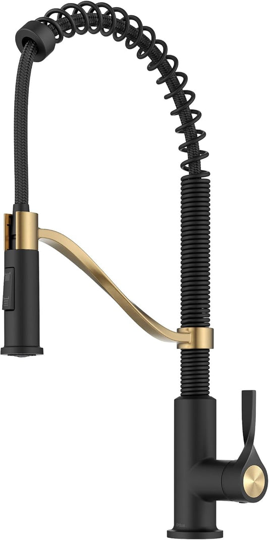 KRAUS Torak Pull Down Kitchen Faucet in Spot-Free Brushed Brass/Matte Black with Commercial Style Spring Spout, 2 Function Sprayer, Pre-Attached Water Lines, and Mounting Hardware, KPF-2635SFBBMB