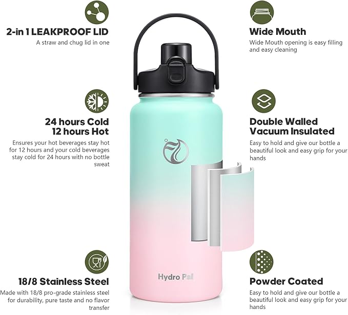 Half Gallon Insulated Water Bottle with 2-in-1 Lid (Chug Lid/Straw Lid), 40/64oz Double Walled Vacuum Stainless Steel Water Bottles, Water Jug with Straw