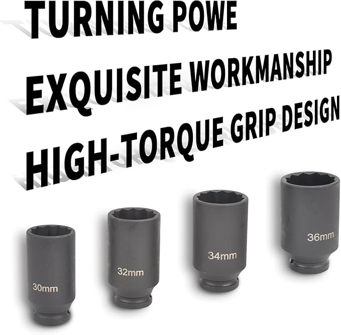 4Pcs 1/2" Drive Deep Impact Socket Set 12 Point Metric 30mm 32mm 34mm 36mm Drive Spindle Axle Hub Nut Socket Set,Heavy Duty with Portable Storage Case,Use In Removing And Installing Axle Nuts
