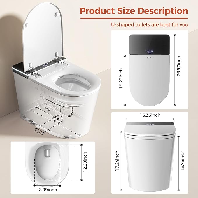 Smart Toilet, One Piece Toilet with Bidet Built in,Modern Elongated Toilet with Built-in Tank, Heated Toilet Seat, Bidet Warm Water, Dryer, Automatic Toilet Flusher, Foot Sensor Operation