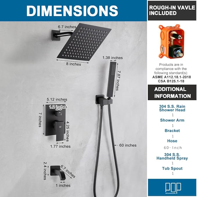 POP SANITARYWARE Matte Black Shower Faucet Set with Tub Spout Bathroom Rainfall 8 Inch Shower Head System with Handheld Single Handle Shower Trim Kit with Valve